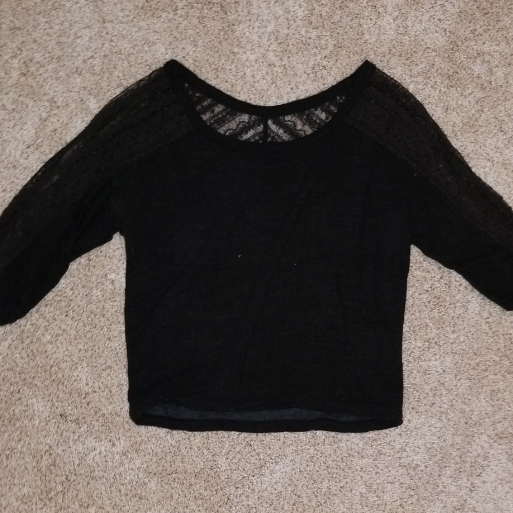 AE Black Crochet Fleece Longsleeve Top